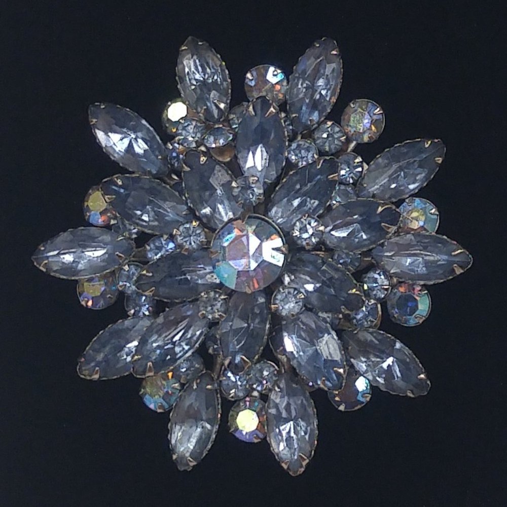 Vintage Light Blue Aurora Borealis Swarovski Crystal Showy Flower Brooch